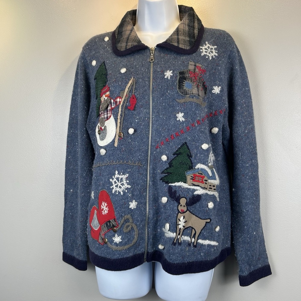 Vintage Victoria Jones Holiday Cardigan Sweater Plaid Collar Embroidery Applique